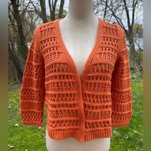 Tyler Boe NWT Orange Crochet Open Front Cardigan Size M Ribbed Hem & Cuffs